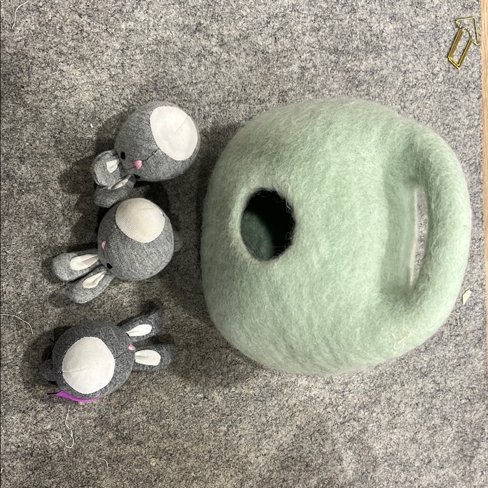 Lovevery Bunny Burrough Mint Green Felted Bunny House with Plush Toys